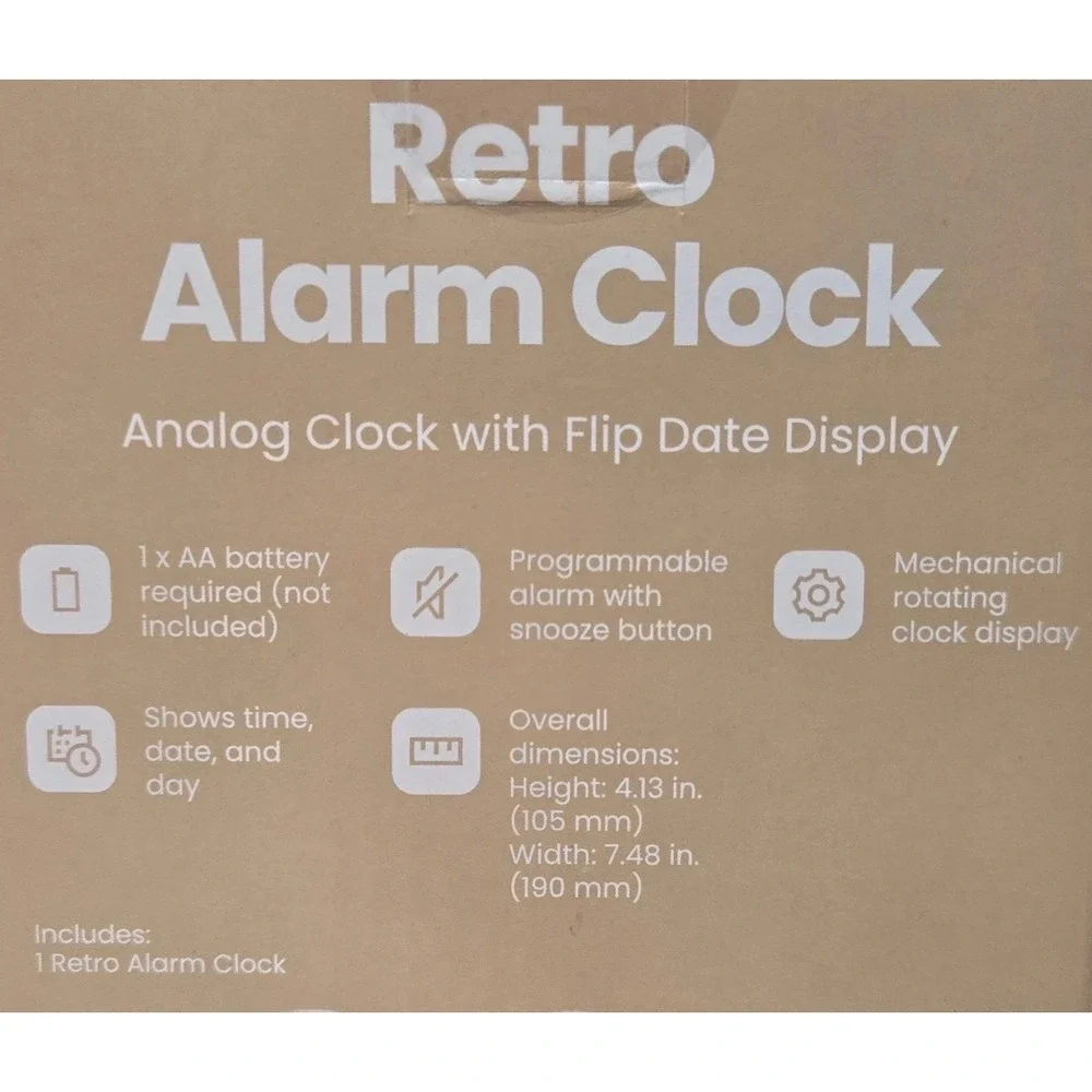 Retro Analog Alarm Clock with Flip Date Display Tan Beige Vintage Style NEW
